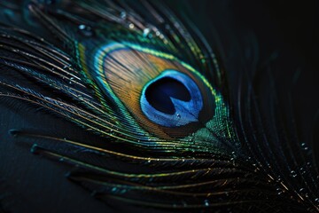 Closeup of peacock feather on black background © darshika