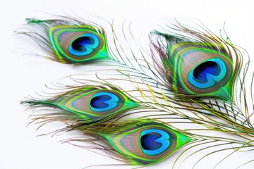 Obraz premium Clothing and home decoration. Peacock feathers on white background. Peacock feather