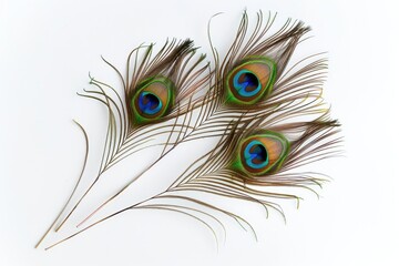 Obraz premium Clothing and home decoration. Peacock feathers on white background. Peacock feather