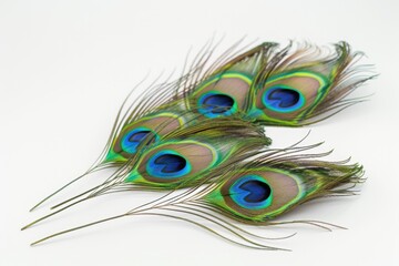 Obraz premium Clothing and home decoration. Peacock feathers on white background. Peacock feather