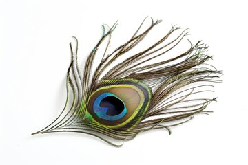 Fototapeta premium Peacock feather eye detail on white background.