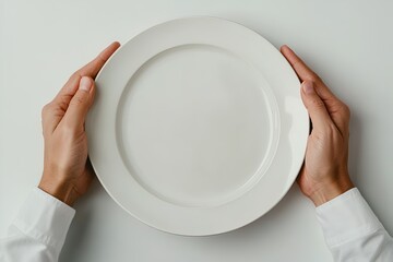 Hands holding a blank white plate on a light surface, ready for a meal or presentation of food