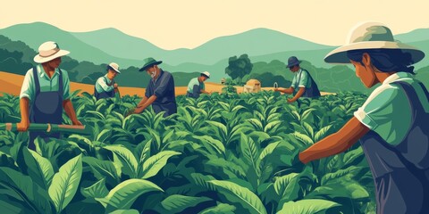 Diverse agricultural workers tending to lush green tobacco plants in scenic landscape under bright sunny sky with soft mountains in the background
