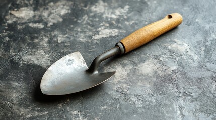 A small metal garden shovel on a textured brown surface.