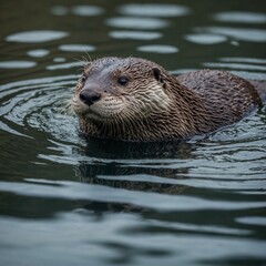 An otter floating on its back in a calm lake, holding a stone.

