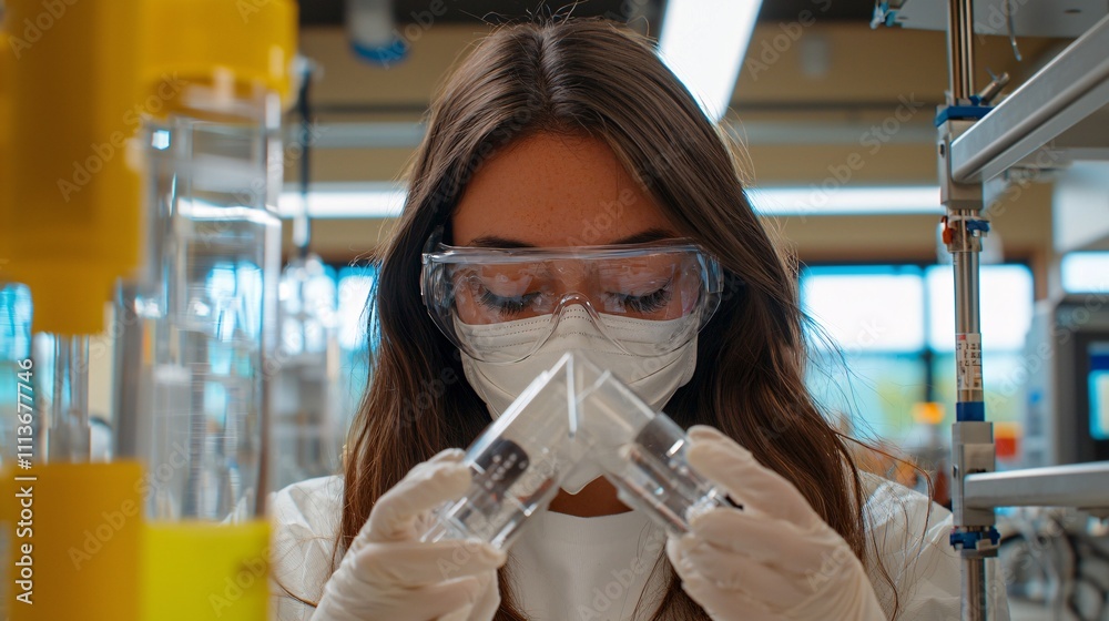 Poster close-up view of a researcher analyzing nanomaterial properties under a high-tech microscope in a la