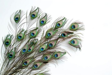 Obraz premium Group of bright peacock feathers on white background top view.