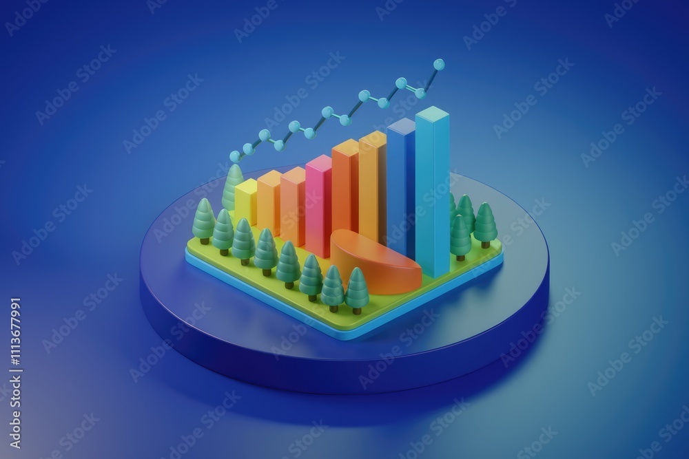 Poster 3D illustration of a bar chart with trees on a blue background