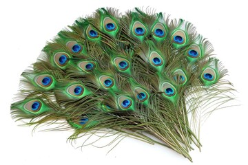 Obraz premium Green peacock feathers arranged in arc on white background