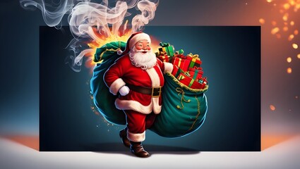 Santa clause holding gift sacks against smoky color splash  background