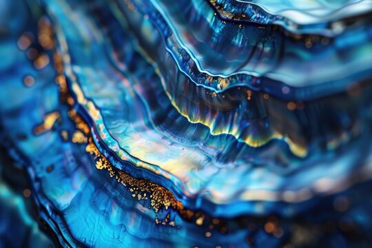 Macro of blue abalone pearl shell with iridescent layers.