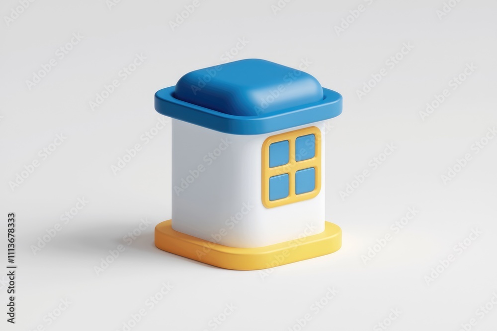 Aufkleber a 3d rendering of a small white building with a blue roof and yellow base.