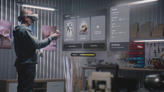 Modern workshop: Designer or artisan wearing virtual reality headset assembles chair using app with AI-based user interface. 3D visualization of holographic furniture. Augmented reality. VFX animation