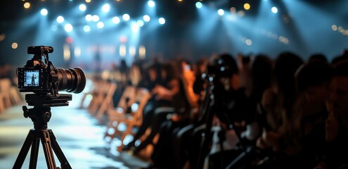 A professional camera captures the excitement at a fashion event filled with eager spectators.