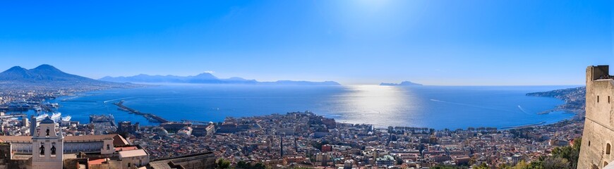 Naples cityscape: view from Vomero of the Gulf of Naples , Mount Vesuvius and Waterfront of Mergellina, Italy.