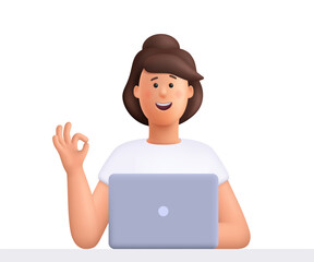 Young smiling woman Jane working on the laptop and showing ok gesture. 3d vector people character. Cartoon minimal style.