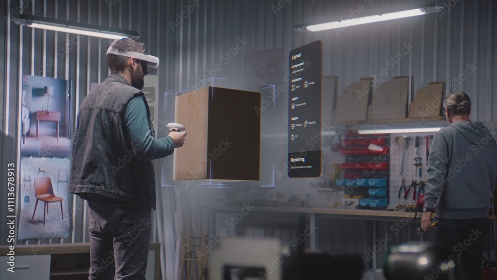 Poster modern workshop: designer or artisan wearing augmented reality headset assembles coffee table in vir