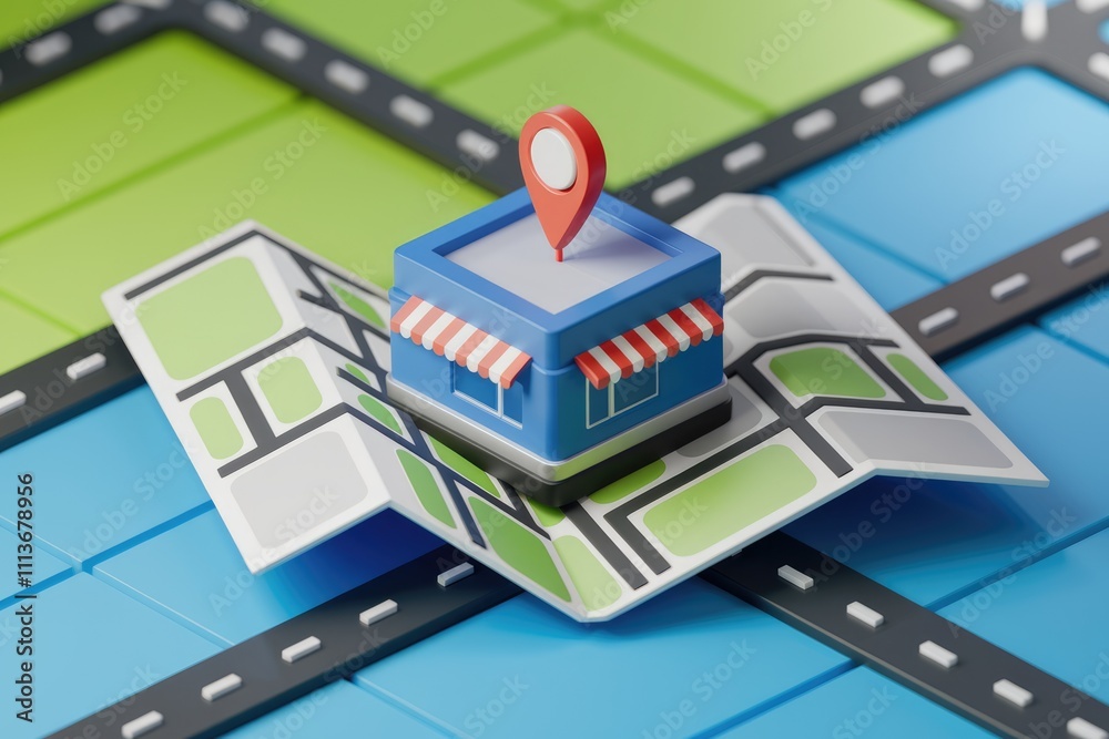 Poster a 3d illustration of a store location on a map.