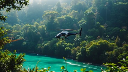 Helicopter Over Turquoise River Rainforest , A helicopter flies through a dense rainforest landscape near a vibrant turquoise river.