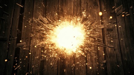 A glowing white hole bursts through a wooden plank wall, scattering splinters and glowing fragments.