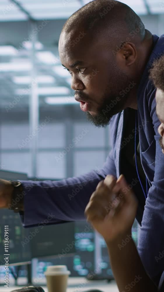 Poster vertical video data center manager helps intern implement ai predictive maintenance systems. server 