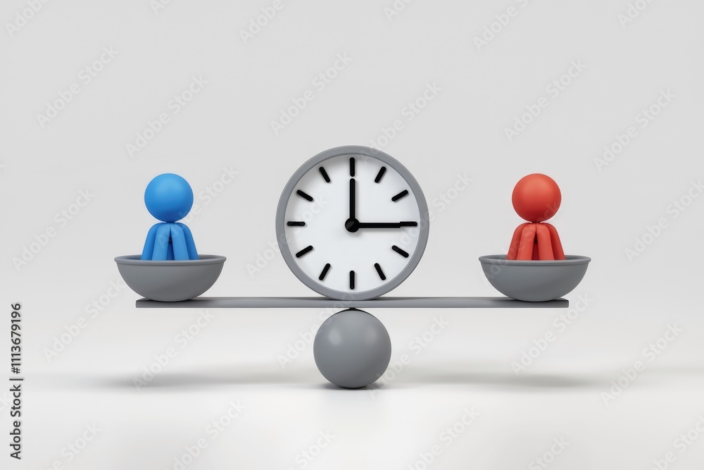 Poster Time is balanced on a scale with blue and red figures.