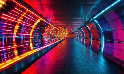 Vibrant illuminated tunnel with neon lights, colorful patterns, modern design, futuristic atmosphere