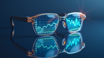 Market Vision Through Glass, A pair of glasses reflects a stock market graph, showcasing fluctuating trends and data points.