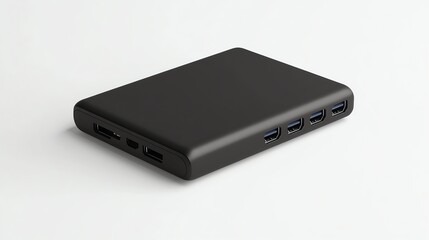 A black USB hub sits on a white surface.