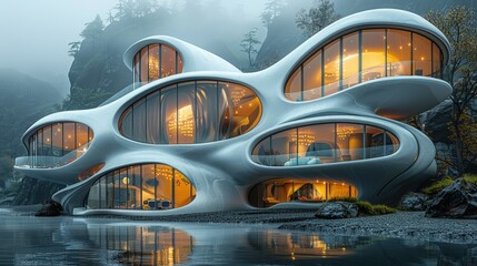 Fototapeta premium Futuristic organic architecture home nestled in misty mountains by a lake.