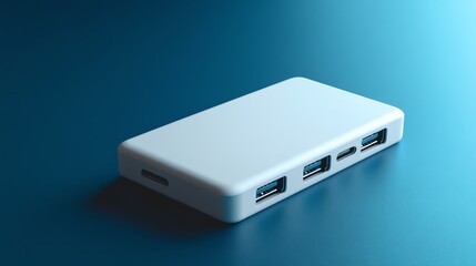 A white power bank with several ports on a blue surface.