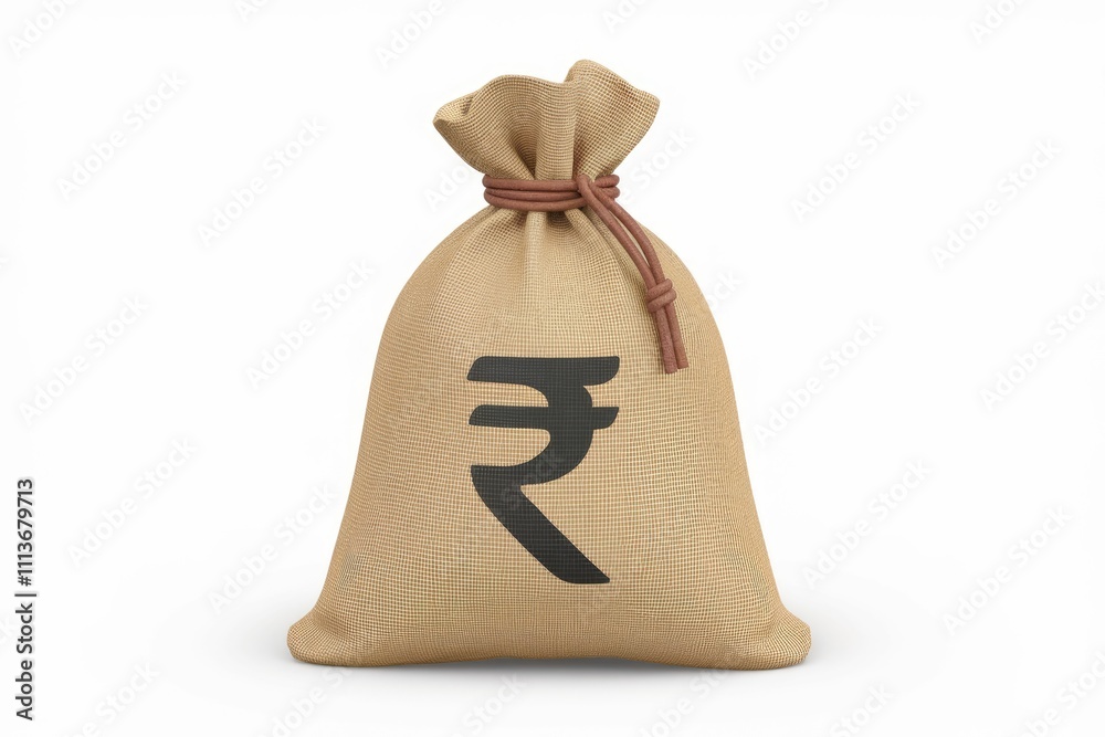 Poster A burlap sack with a rupee symbol printed on it.