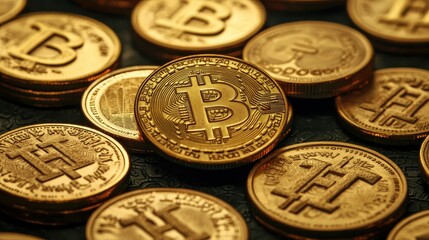A close-up view of multiple Bitcoin coins, showcasing their distinct design and golden appearance, representing the cryptocurrency market.
