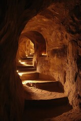 Exploring a captivating cave path illuminated by gentle lights, revealing the beauty and mystery of underground landscapes.