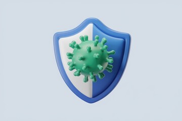 A blue shield protecting a green virus  symbolizing safety and prevention.