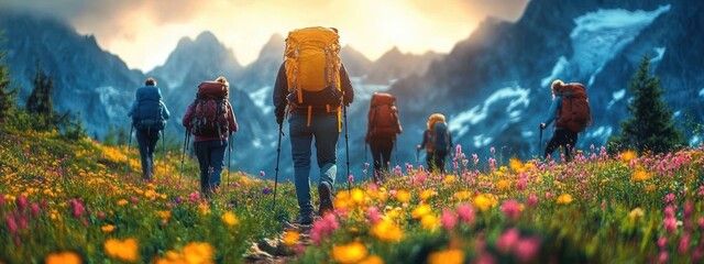 Mountain hike adventure travel group people nature trekking summer sunset outdoor sport backpack journey