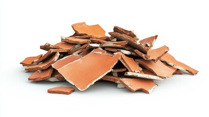 Fototapeta premium A jagged heap of shattered ceramic roof tiles, isolated in sharp detail against a bright white surface.