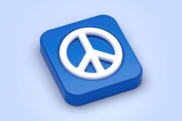 A 3D rendering of a blue square with a white peace sign.