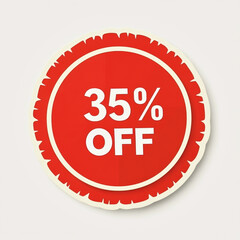 Red circular sticker with 35 percent off text in white on a beige background