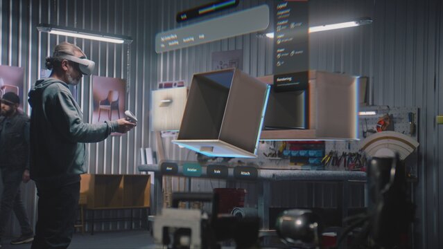 Modern workshop: Professional craftsman or designer wearing AR headset assembles shelf in virtual space using app with AI user interface. 3D animation of holographic furniture. Augmented reality.