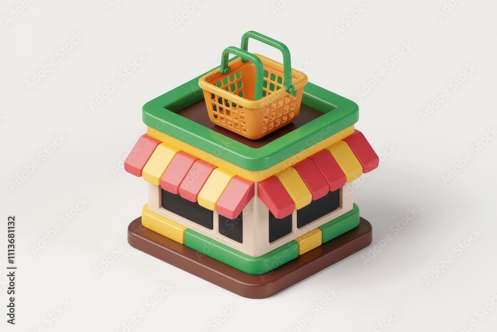 Poster a 3d model of a colorful store with a shopping basket on top.