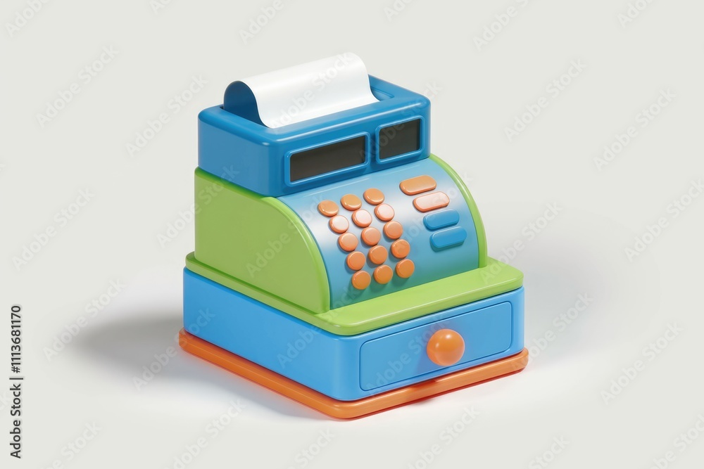 Poster A colorful toy cash register with a drawer  buttons  and a display.