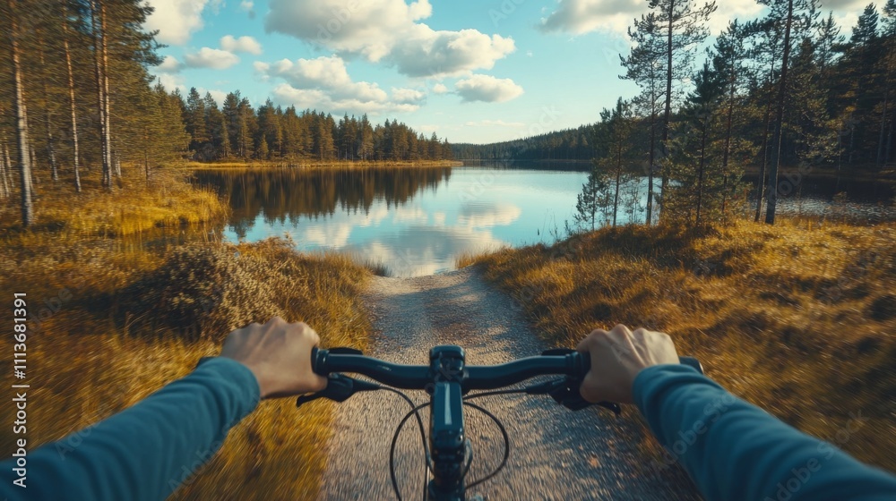 Poster riding a bicycle along a gravel path by a tranquil lake surrounded by lush greenery and tall trees. 