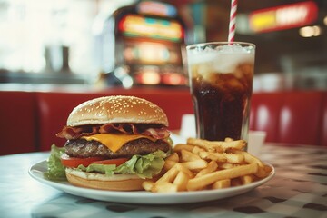 ジューシーなチーズバーガーとポテト、コーラが並ぶクラシックなアメリカンダイナーの風景 | Juicy cheeseburger with fries and cola in a classic American diner