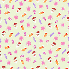 Cute seamless of Santa Claus red hat with candy and orange sock on pink snowflake and starburst on yellow wallpaper and background. Christmas and new year holiday concept