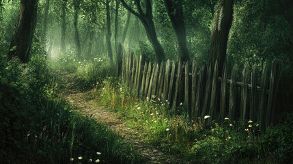 Worn wooden fence winding through a lush, shadowy forest filled with mystery and tranquility