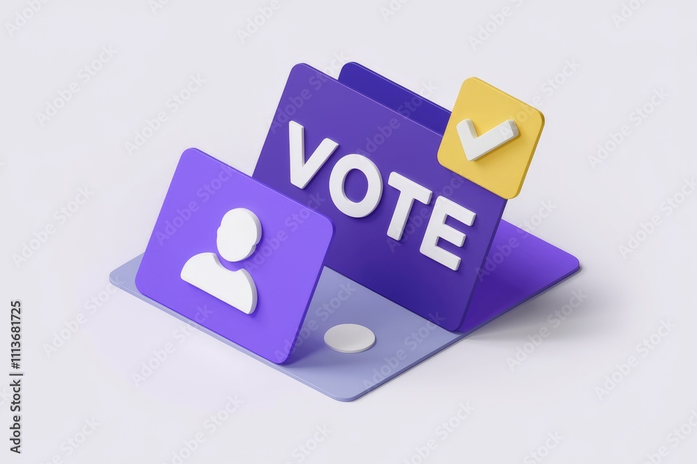 Poster 3d illustration of a purple button that says 'vote' with a checkmark and a person icon.