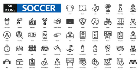 Soccer line icon collection set. Includes football, goal, player, field, ball, team, match, referee, kick, net, championship, sport, competition, defense, attack