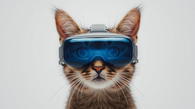 
 A curious cat wearing blue virtual reality glasses intently focuses on an unseen digital world. Perfect for technology, gaming, future, cats, and virtual reality concepts..