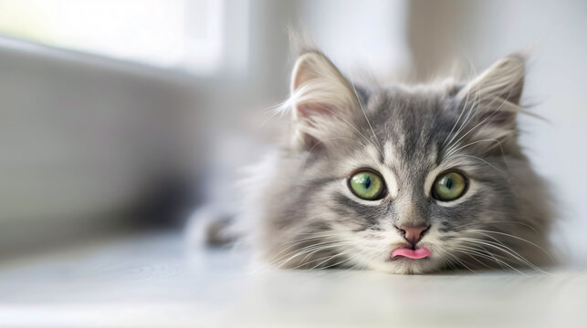 Longhair Gray Kitten: A funny large longhair gray kitten with big green eyes lying on a white table, licking its lips. Space for text available.